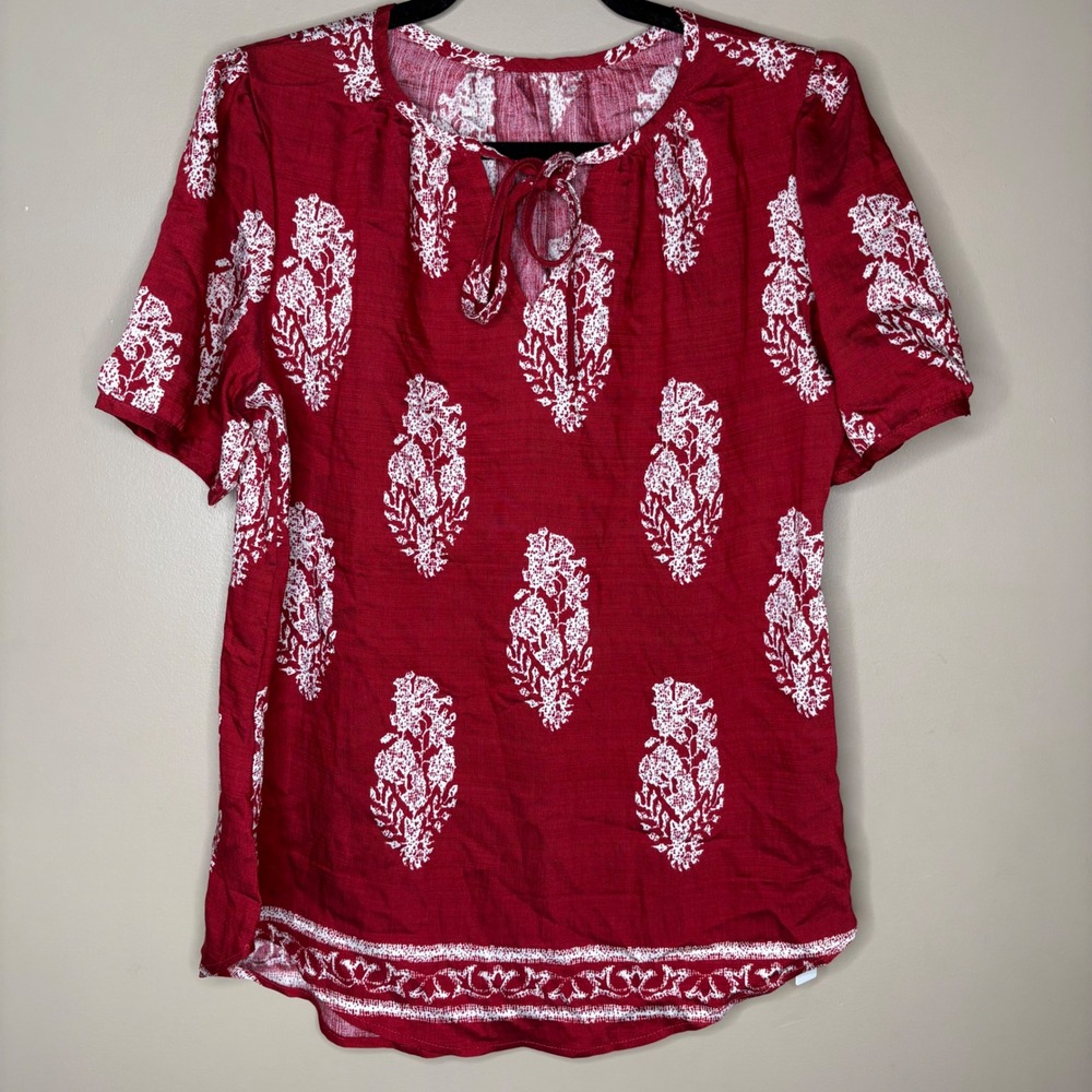 NEW Lomon Red Blouse Floral Block Print Boho‎ Top Small Summer Casual
